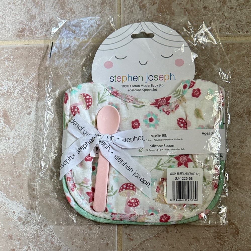 Stephen Joseph New in bag Floral Bibs and Spoon Set - Pink and Green